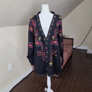Jacque & Koko Embroidered Boho Cardigan Sweater 18/20 Black Wool Blend